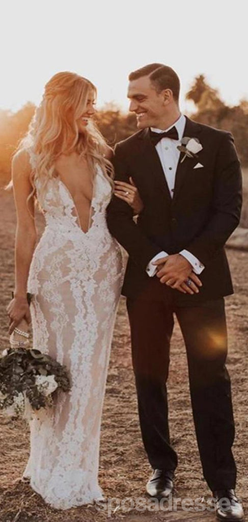 Long Mermaid Sleeveless V-neck Backless Lace Wedding Dresses Online,WD740