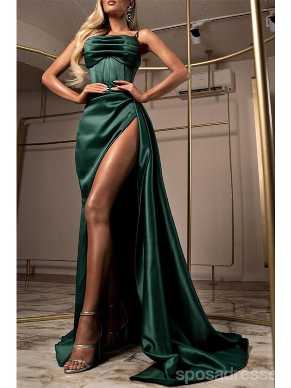 Emerald Green Mermaid Spaghetti Straps High Slit Cheap Long Prom Dresses,12847