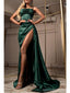 Emerald Green Mermaid Spaghetti Straps High Slit Cheap Long Prom Dresses,12847