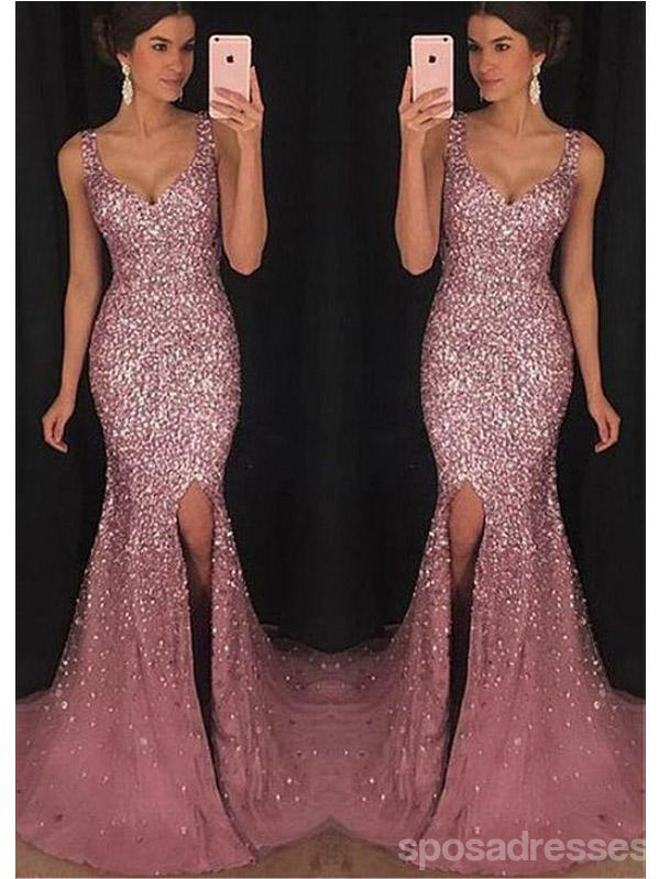 Sparkly Mermaid Dusty Rose Side Slit Cheap Long Prom Dresses Online,12623