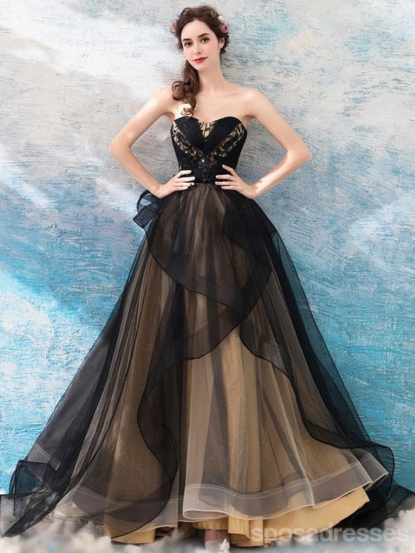 Sweetheart Black Strapless A-line Long Evening Party Prom Dresses, Prom Dresses Stores,12524