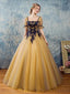 A-line Half Sleeves Gold Tulle Long Prom Dresses, Sweet 16 Prom Dresses, 12359