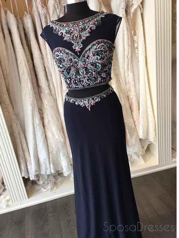 Two Pieces Open Back Navy Beaded Mermaid Long Evening Prom Dresses, 17663