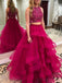 Two Pieces Heavily Beaded Ruffle Hot Pink A line Long Evening Prom Dresses, 17654