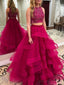 Two Pieces Heavily Beaded Ruffle Hot Pink A line Long Evening Prom Dresses, 17654