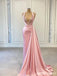 Unique Mermaid Pink Halter V-neck Cheap Long Prom Dresses Online,12677