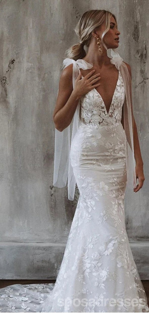 Sexy Long Mermaid Sleeveless V-neck Handmade Lace Wedding Dresses,WD777