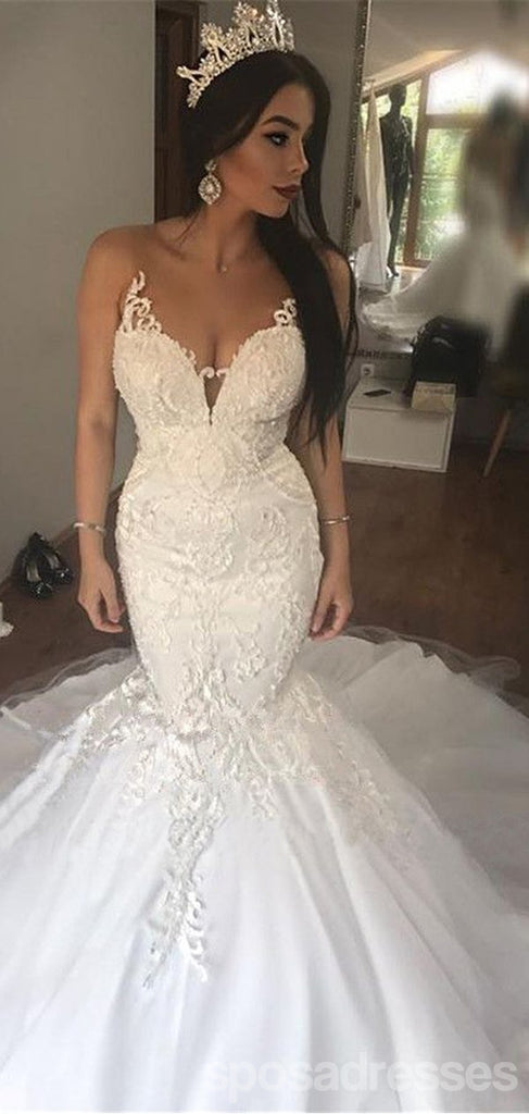 Sexy Long Mermaid Sleeveless V-neck Lace Wedding Dresses,WD774