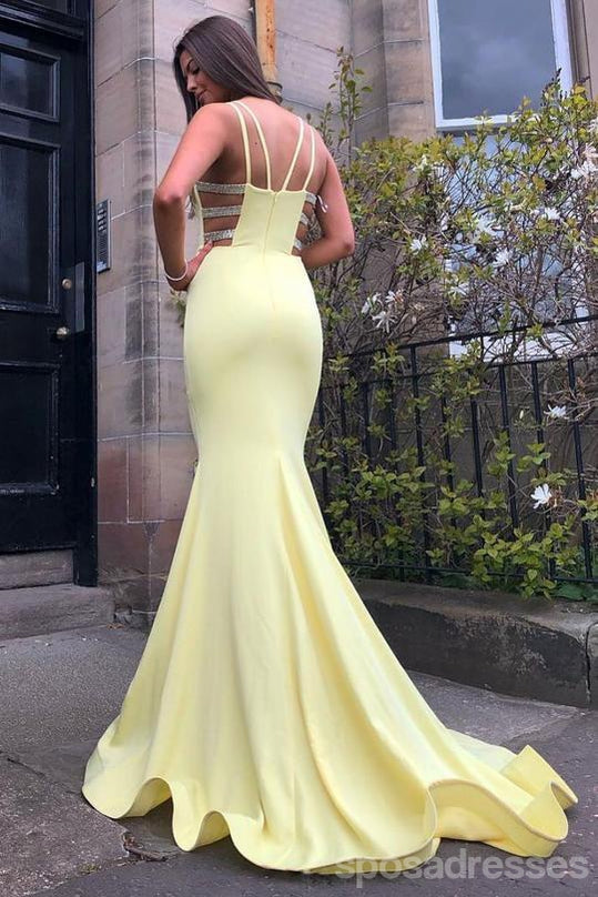 Simple Mermaid Yellow Spaghetti Straps Cheap Long Prom Dresses Online,12688