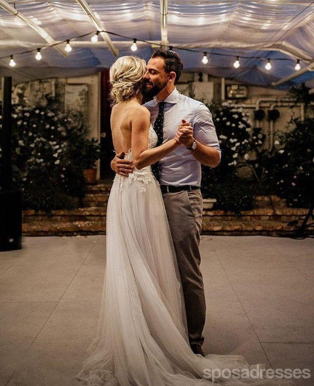 Sexy Backless Spaghetti Straps Cheap Wedding Dresses Online, Lace A-line Bridal Dresses, WD442