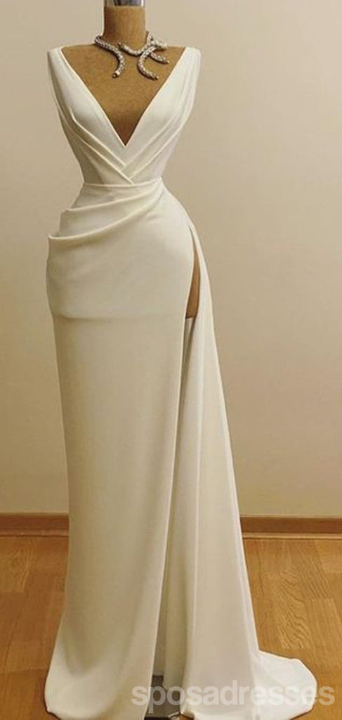 Ivory Sheath Deep V-neck High Slit Cheap Long Prom Dresses,13011