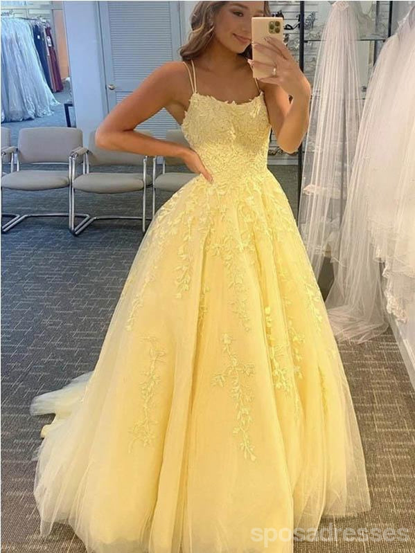 Yellow A-line Spaghetti Straps Backless Long Prom Dresses Online,12711