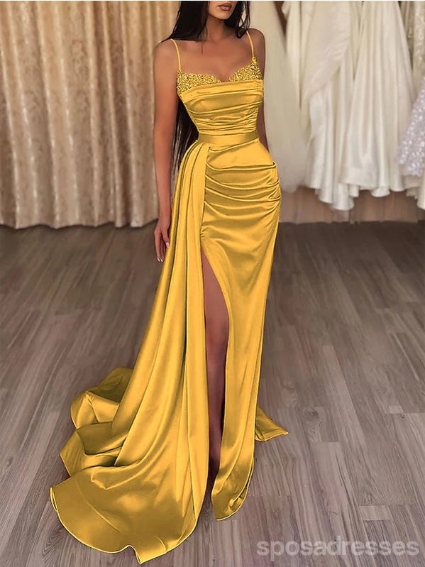 Yellow Sheath Spaghetti Straps High Slit Cheap Long Prom Dresses,13010