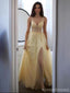 Yellow A-line V-neck High Slit Maxi Long Prom Dresses,Evening Dresses,13171