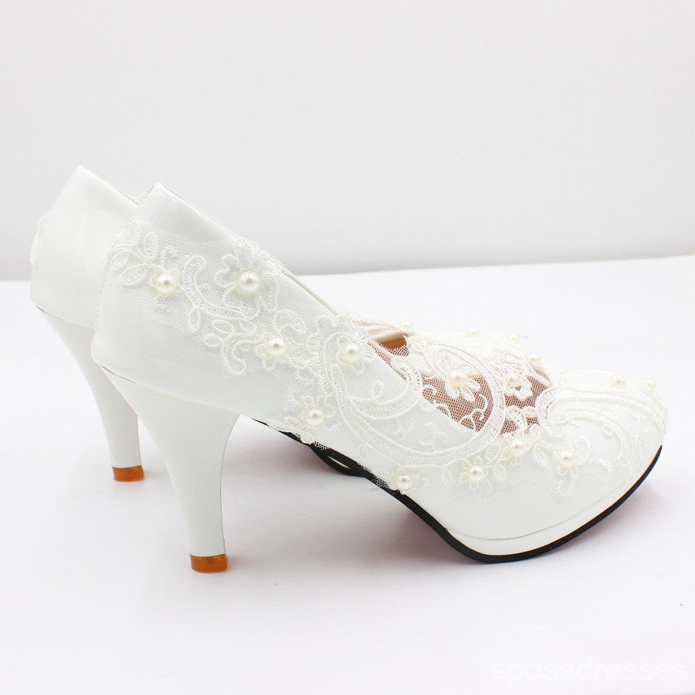 Lace High Heel Wedding Shoes White Bridal Shoes Low Heel Bridesmaid Shoes