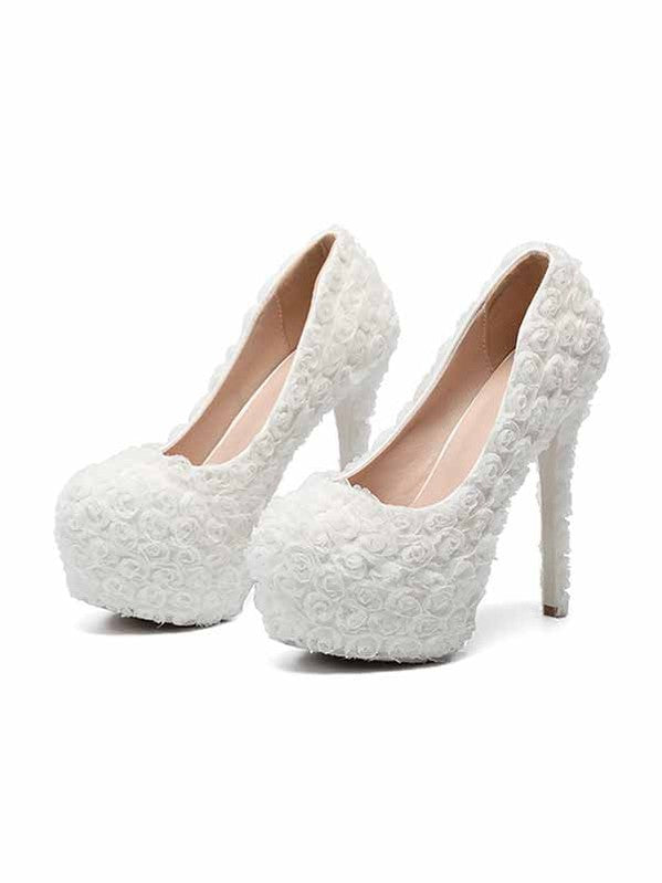 New white platform single shoes stiletto heels women's shoes lace flowers pearl wedding shoes  bridal shoes