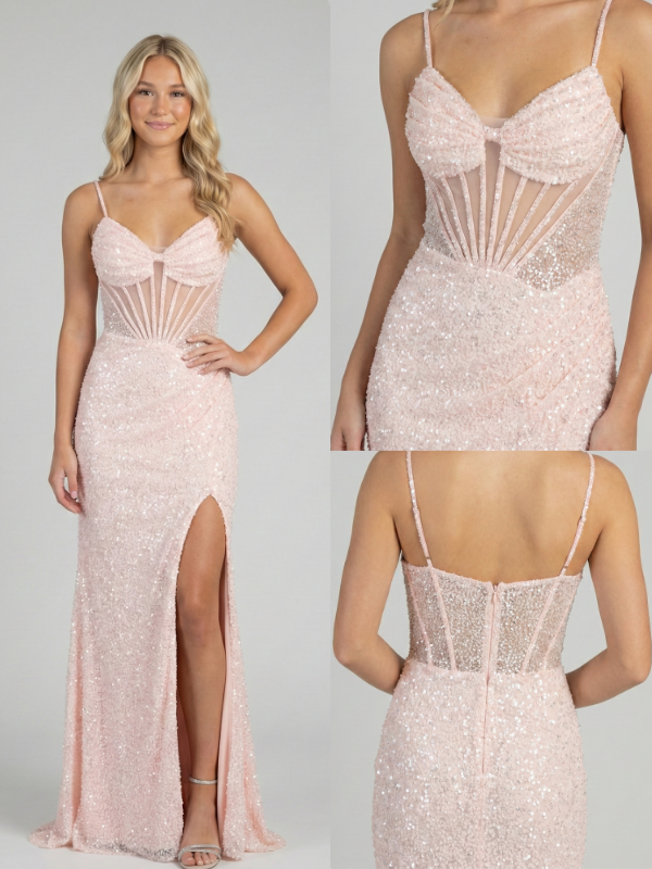 Light Pink Sequin Prom Dress Sweetheart Sheer Corset Slit Gown, 26012