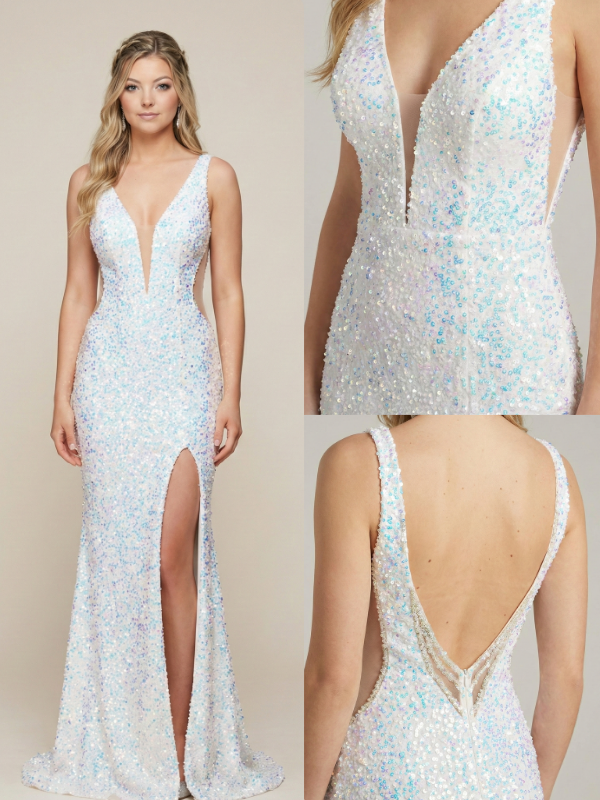 Sequin Illusion Plunge Side Slit Open Back Prom Dress, 26014