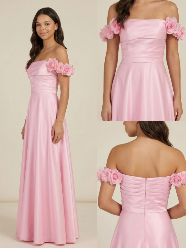 Pink Satin Off Shoulder 3D Floral A Line Prom Dress, 26018