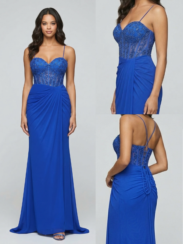 Royal Blue Beaded Sweetheart Corset Ruched Mermaid Prom Dress, 26024