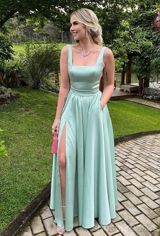 Elegant Mint Green A-line Square Neckline Maxi Long Party Prom Dresses,Evening Dress,13508