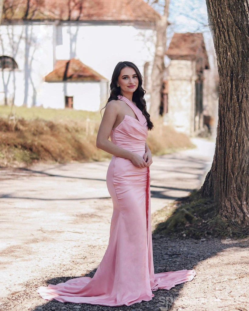 Sexy Pink Mermaid One Shoulder Side Slit Maxi Long Bridesmaid Dresses,Party Dress, WG1889