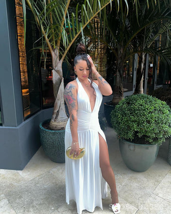 Sexy White V-neck Side Slit Maxi Long Party Prom Dresses Ideas,Evening Gowns,13631