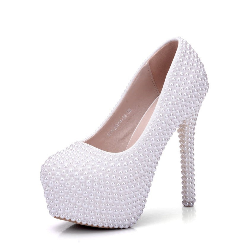 Women's Wedding Shoes Decorative White Pearl Wedding Heels Bridal Shoes, H83