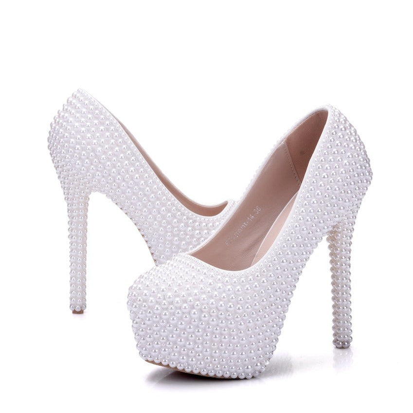 Women's Wedding Shoes Decorative White Pearl Wedding Heels Bridal Shoes, H83