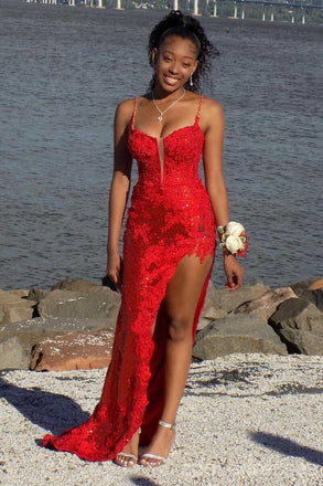 Sexy Red Mermaid Spaghetti Straps High Slit Long Party Prom Dresses,Evening Dress,13368