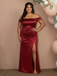 Burgundy Satin Off Shoulder Side Slit Mermaid Prom Dress, 26019