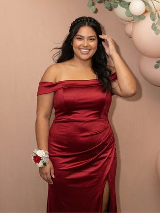 Burgundy Satin Off Shoulder Side Slit Mermaid Prom Dress, 26019