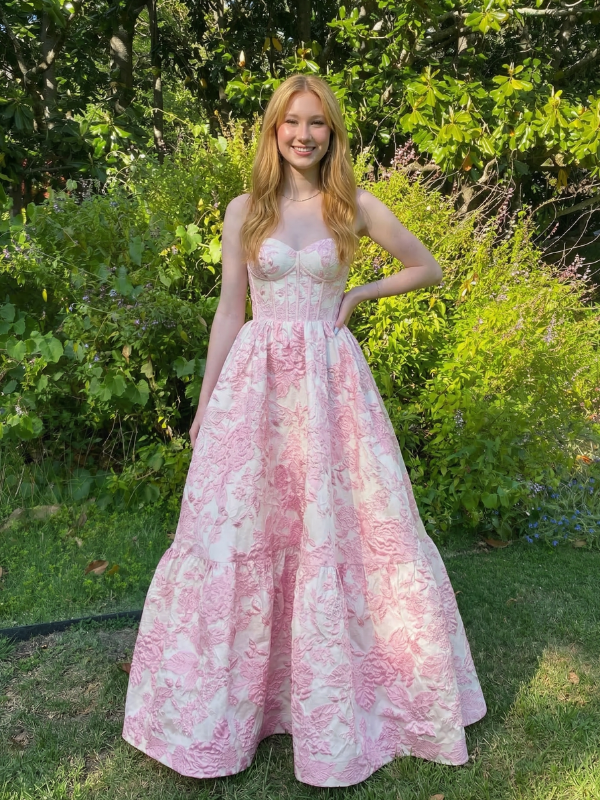 Floral Jacquard Strapless Sweetheart Sheer Corset A Line Prom Dress, 26020