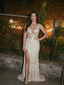 Ivory Gold Sequin Plunge Open Back High Slit Prom Dress, 26023