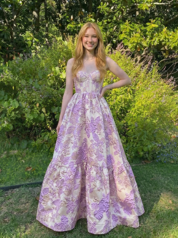 Floral Jacquard Strapless Sweetheart Sheer Corset A Line Prom Dress, 26020