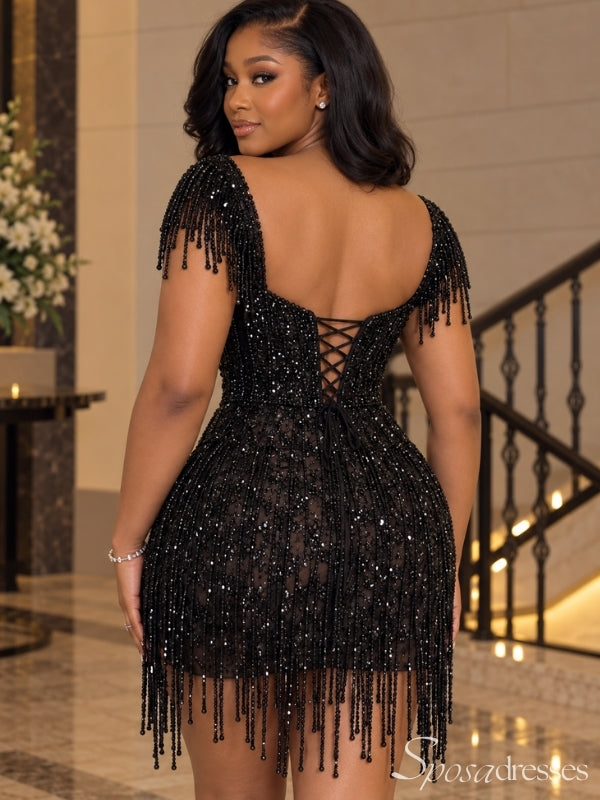 Black Beaded Fringe Sweetheart Lace Up Short Mini Dress MN26001