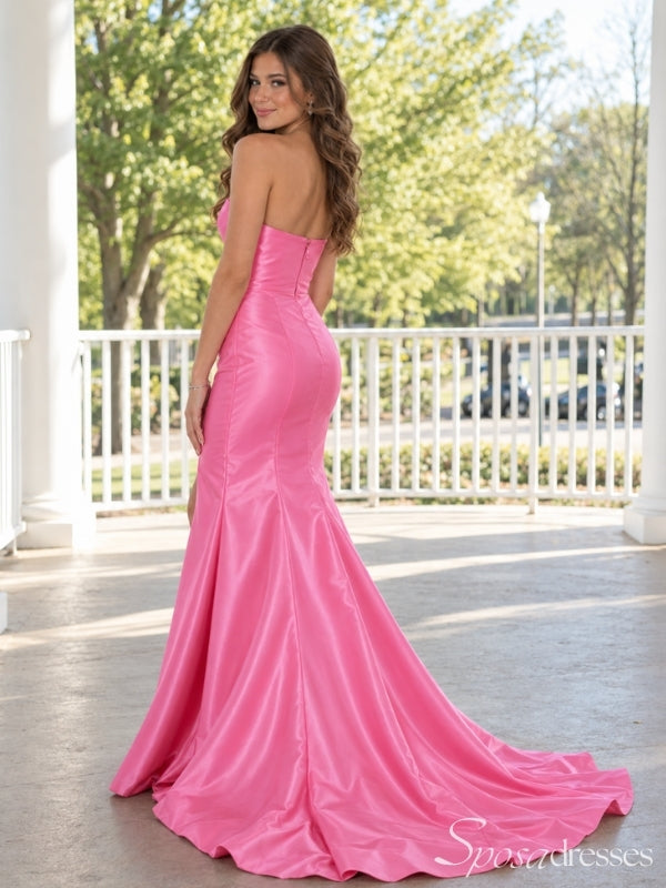 Hot Pink Strapless High Slit Satin Long Maxi Dress PD26029