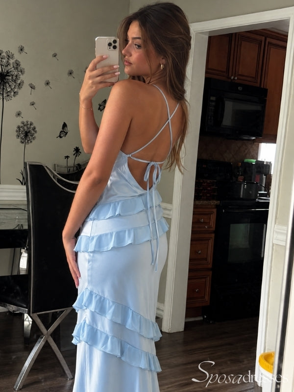 Light Blue Tiered Ruffle Open Tie Back Long Maxi Dress PD26032