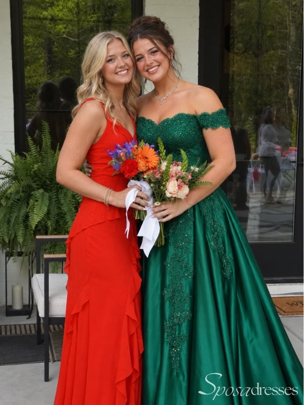 Emerald Green Off the Shoulder Lace Applique Satin Long Prom Dress PD26034