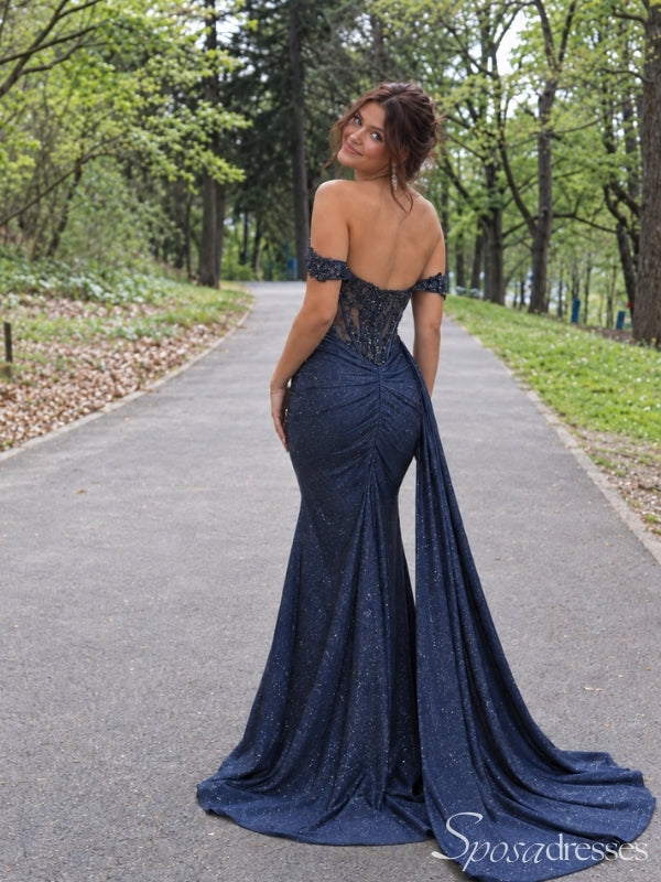 Navy Blue Glitter Beaded Corset Off the Shoulder High Slit Long Prom Dress PD26036