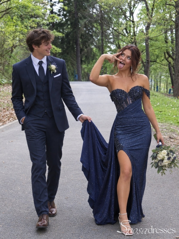Navy Blue Glitter Beaded Corset Off the Shoulder High Slit Long Prom Dress PD26036