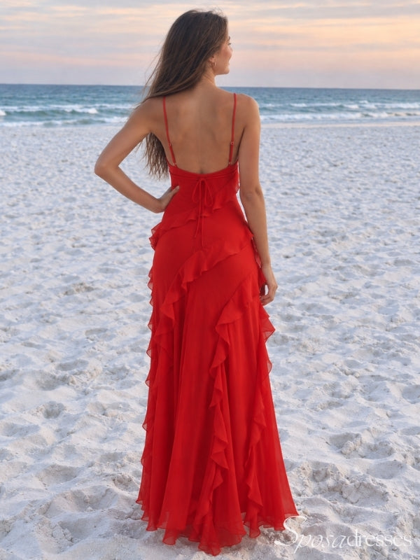 Red Chiffon V Neck Cascading Ruffle Low Back Long Prom Dress PD26040