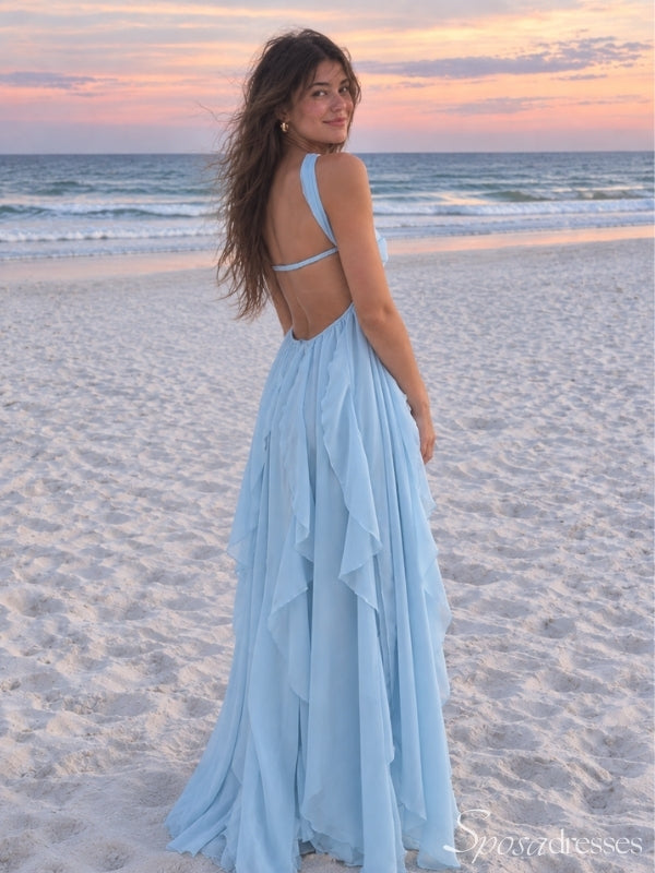 Light Blue Chiffon Prom Dress with Starfish Detail & Ruffles | PD26044