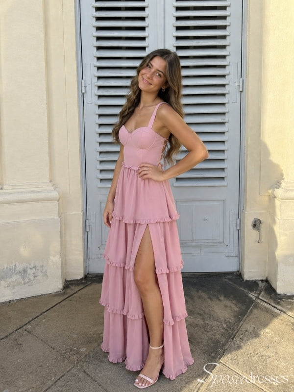Tiered Ruffle Lace-Up Back Long Prom Dress PD26047