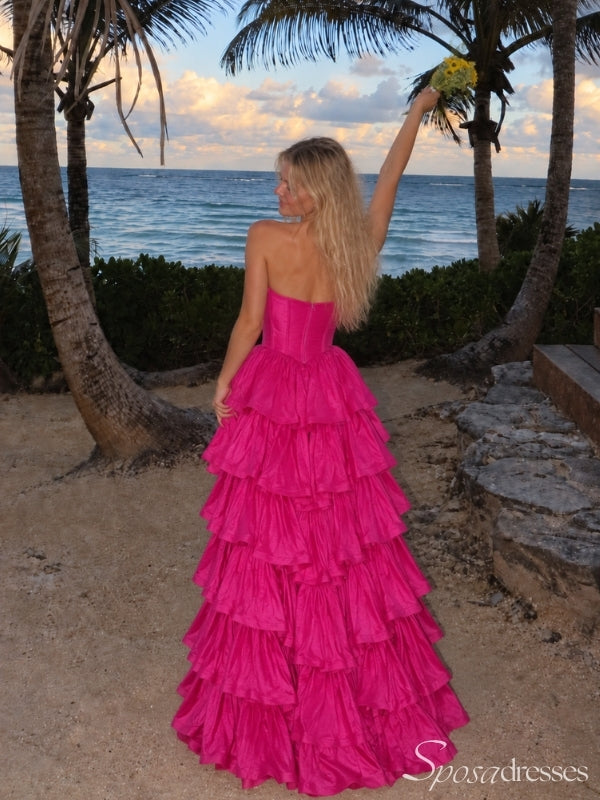 Fuchsia Strapless Tiered Ruffle Ball Gown Prom Dress PD26048