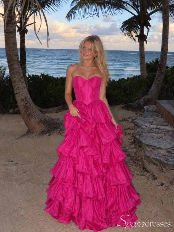 Fuchsia Strapless Tiered Ruffle Ball Gown Prom Dress PD26048