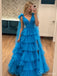 Pool Blue Tiered Tulle Prom Ball Gown with Bow Straps PD26051