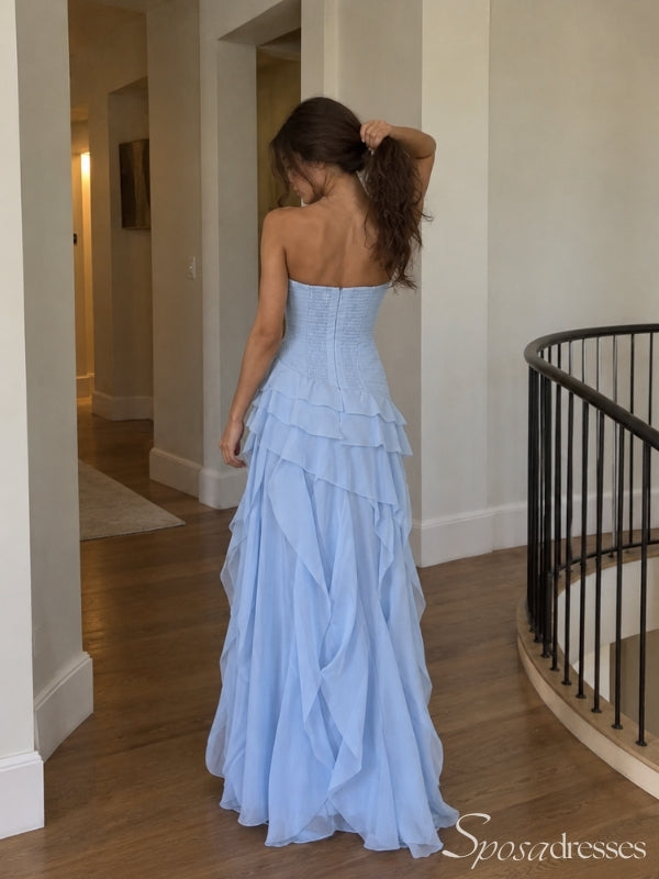 Light Blue Strapless Ruffle Prom Dress with Floral Detail PD26052