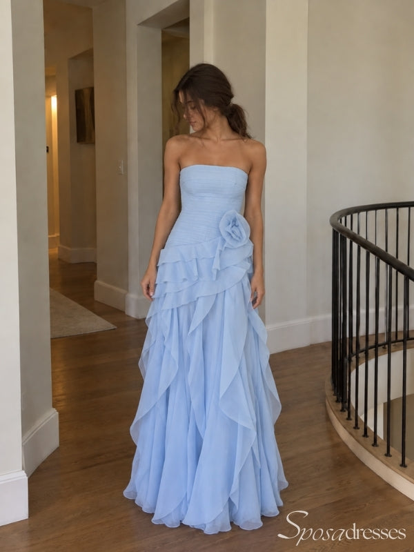 Light Blue Strapless Ruffle Prom Dress with Floral Detail PD26052