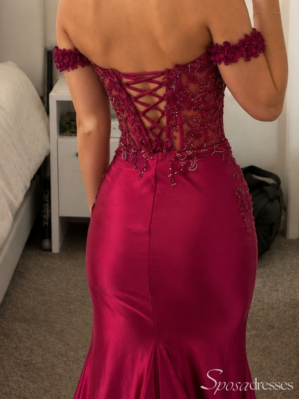 Maroon Off-Shoulder Beaded Mermaid Prom Dress with Lace-Up Back PD26057